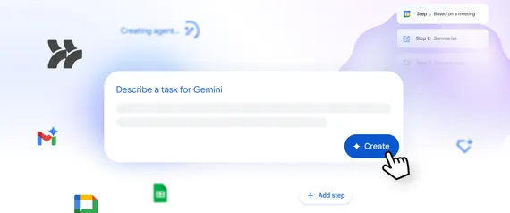 Hero-Grafik zur Visualisierung der KI-Automatisierung in Google Workspace Studio. Zentral ist ein Eingabefeld mit der Aufforderung „Describe a task for Gemini“, bei dem ein Cursor auf den „Create“-Button klickt. Im Hintergrund verdeutlichen schwebende App-Icons und eine Liste mit Workflow-Schritten wie „Summarize“ die automatische Erstellung von Agenten.