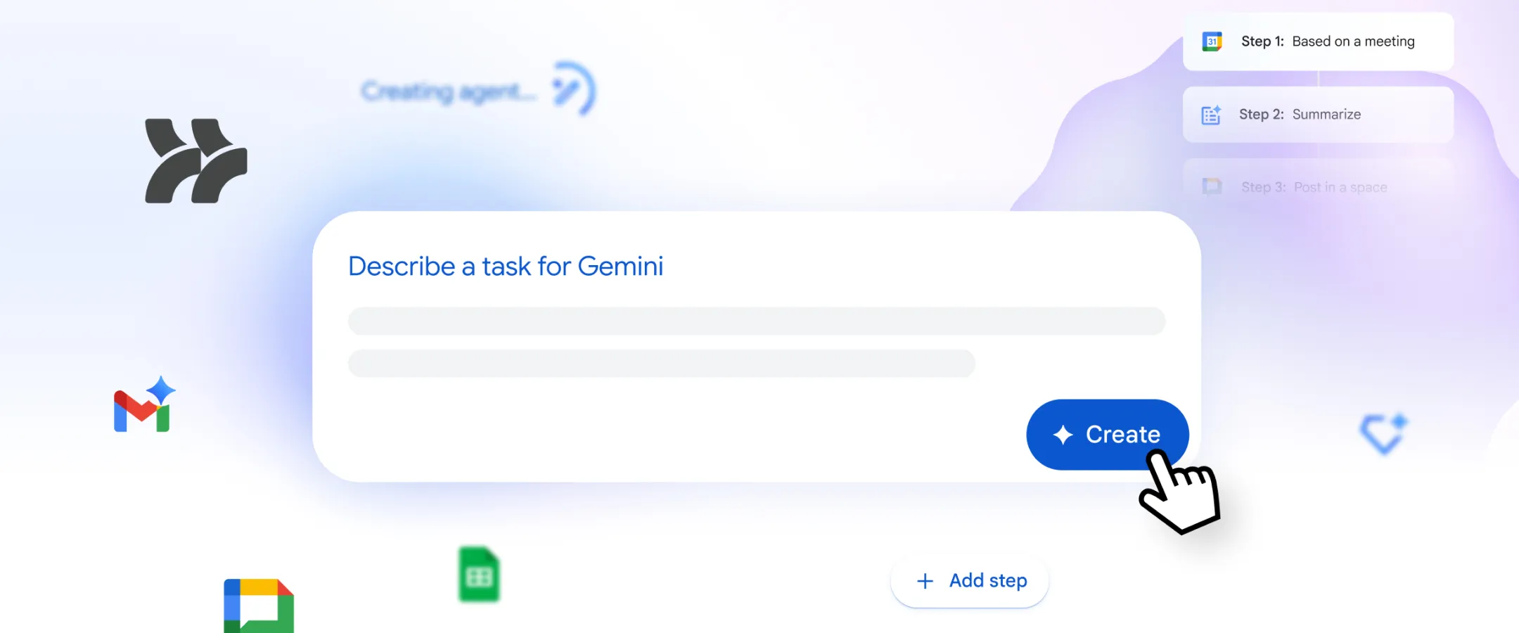 Hero-Grafik zur Visualisierung der KI-Automatisierung in Google Workspace Studio. Zentral ist ein Eingabefeld mit der Aufforderung „Describe a task for Gemini“, bei dem ein Cursor auf den „Create“-Button klickt. Im Hintergrund verdeutlichen schwebende App-Icons und eine Liste mit Workflow-Schritten wie „Summarize“ die automatische Erstellung von Agenten.