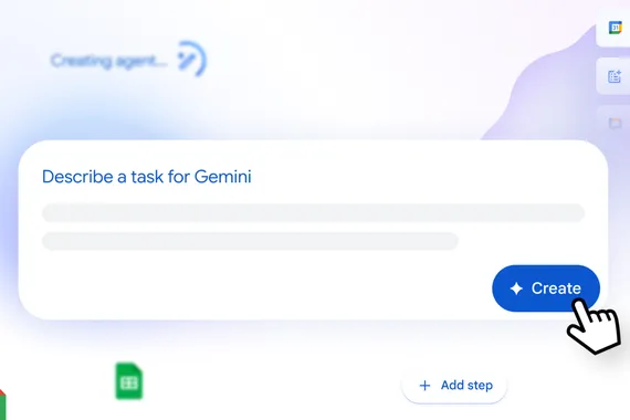 Hero-Grafik zur Visualisierung der KI-Automatisierung in Google Workspace Studio. Zentral ist ein Eingabefeld mit der Aufforderung „Describe a task for Gemini“, bei dem ein Cursor auf den „Create“-Button klickt. Im Hintergrund verdeutlichen schwebende App-Icons und eine Liste mit Workflow-Schritten wie „Summarize“ die automatische Erstellung von Agenten.