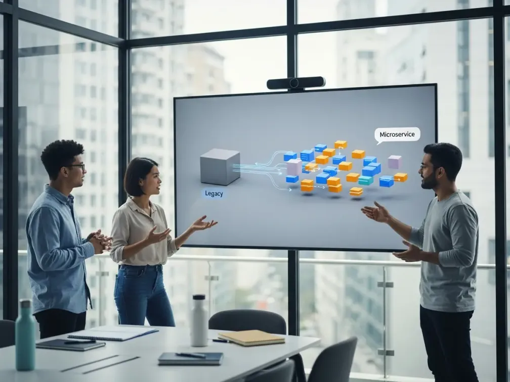 Ein IT-Team präsentiert die Modernisierung eines Altsystems in einem Finanzinstitut. Das Schaubild auf dem Bildschirm zeigt, wie ein monolithischer "Legacy"-Block in eine agile Architektur aus vielen kleinen "Microservice"-Komponenten aufgeteilt wird.