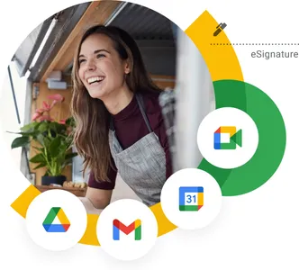 Hero-Bild für Google Workspace: Eine zufriedene Unternehmerin blickt lächelnd aus ihrem Geschäft. Um sie herum sind die Icons für Google Drive, Gmail, Kalender und Meet sowie ein Hinweis auf die eSignature-Funktion angeordnet, um Produktivität und Zusammenarbeit zu symbolisieren.