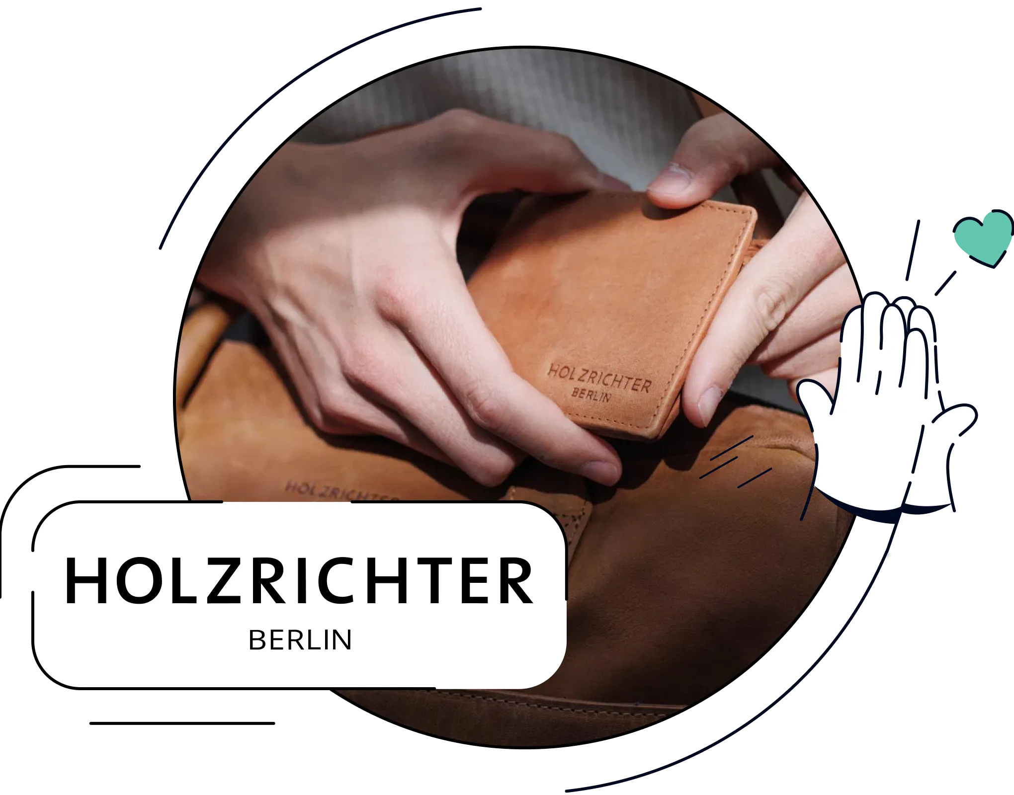 Hände halten eine handgefertigte braune Lederbörse mit dem Schriftzug HOLZRICHTER BERLIN.