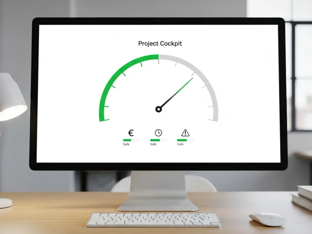 Das Dashboard eines Projekt-Cockpits auf einem Computerbildschirm zeigt den positiven Gesamtstatus eines Bauprojekts. Alle Indikatoren für Budget, Zeitplan und Risiken stehen im grünen, sicheren Bereich.