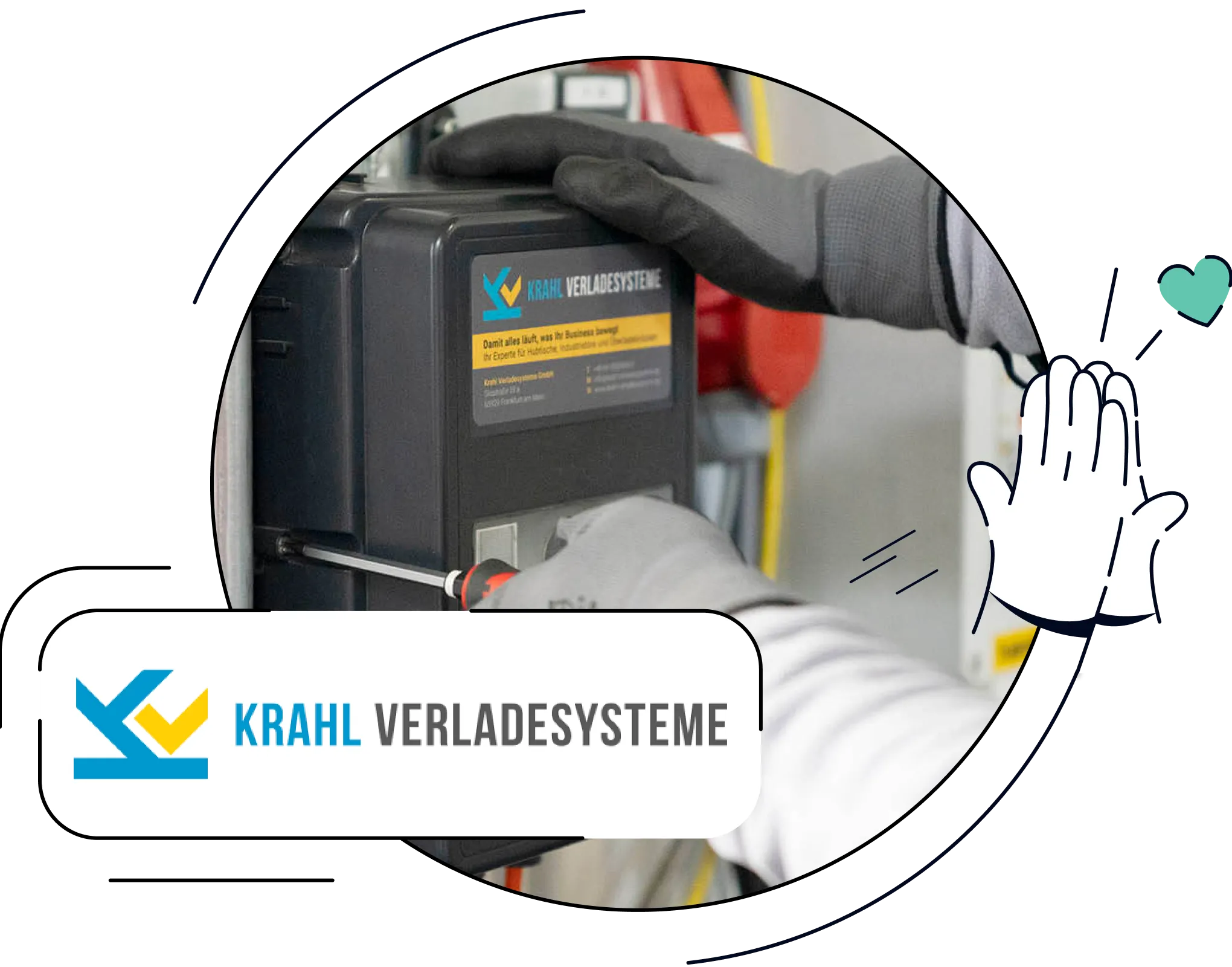Kombination aus dem Krahl-Logo und der Hand eines Mechanikers, der an einem Gerät auf einem Krahl-Verladesystem schraubt.