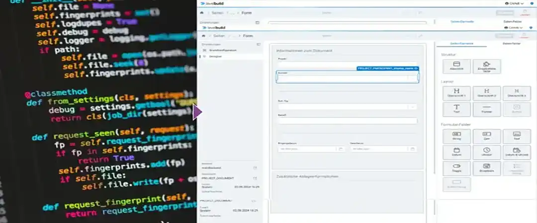Gegenüberstellung von komplexem Programmiercode links und dem visuellen Formular-Editor der levelbuild Plattform rechts.