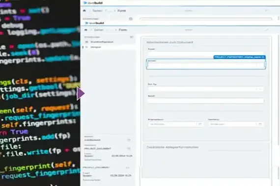 Gegenüberstellung von komplexem Programmiercode links und dem visuellen Formular-Editor der levelbuild Plattform rechts.