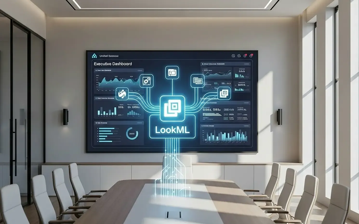 Ein futuristisches Executive Dashboard in einem Konferenzraum, das die zentrale Rolle von LookML veranschaulicht. Das LookML-Logo im Zentrum dient als einheitliche Datenquelle, aus der sich alle Diagramme und Kennzahlen des Dashboards speisen.