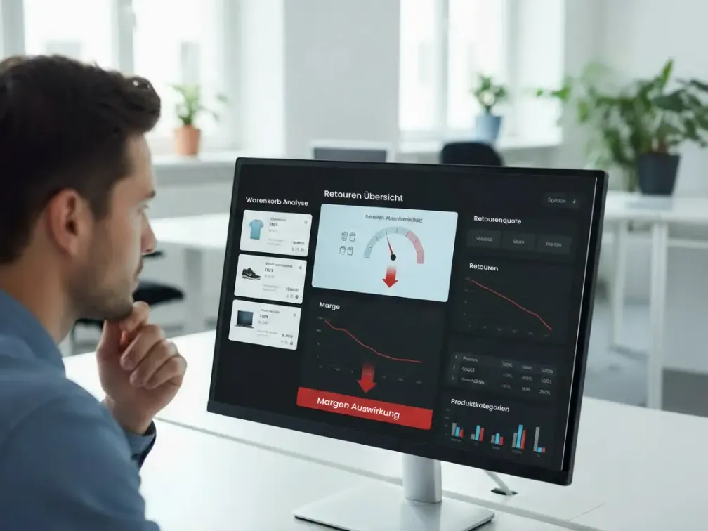 Ein E-Commerce-Analyst wertet ein Dashboard zur Retourenübersicht aus. Die Visualisierungen zeigen kritische Daten wie eine hohe Retouren-Wahrscheinlichkeit und die negativen Auswirkungen auf die Marge des Unternehmens.
