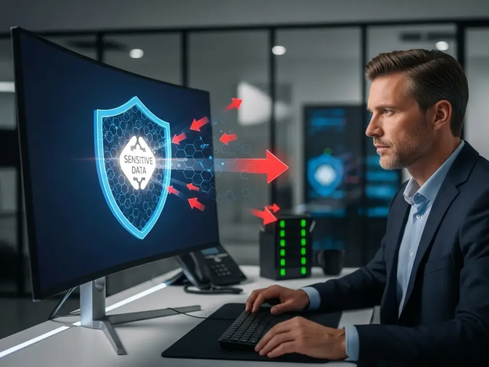 Ein Cybersicherheits-Analyst überwacht in einem Kontrollraum, wie eine Software sensible Finanzdaten schützt – visualisiert durch ein leuchtendes Schild, das Cyber-Bedrohungen abwehrt.