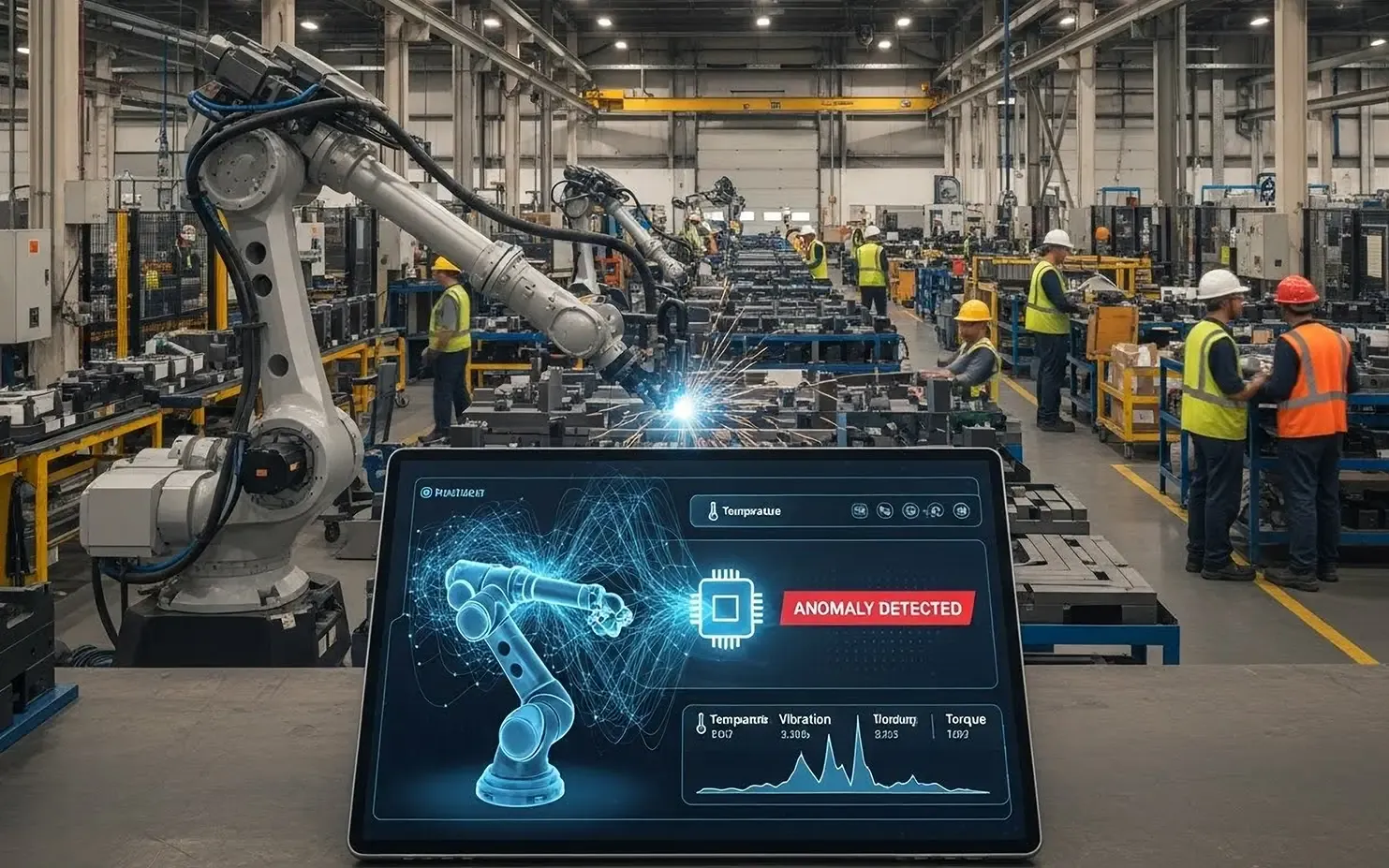 Ein Anwendungsfall für Echtzeitanalysen mit BigQuery in der Fertigung: Auf einem Tablet wird ein Dashboard angezeigt, das Live-Sensordaten eines Roboterarms überwacht. Das System hat eine Anomalie erkannt ("ANOMALY DETECTED") und warnt so vor einem möglichen Ausfall.
