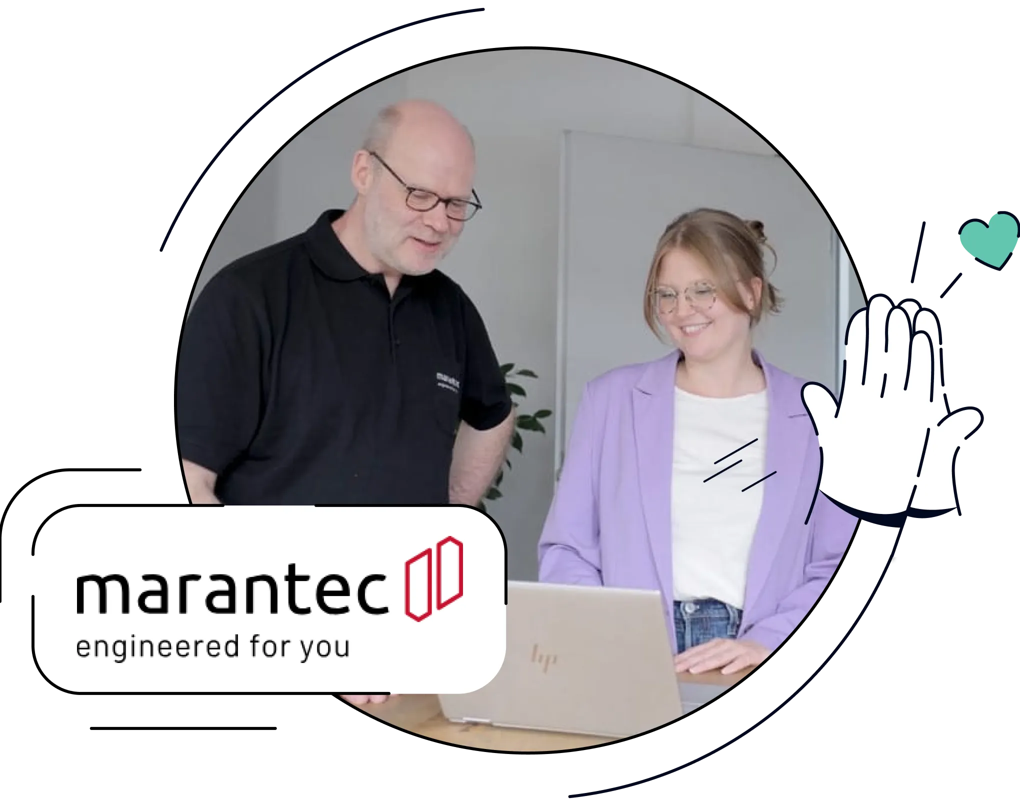 Kombination aus dem Marantec-Logo und einem Marantec-Mitarbeiter im Gespräch mit einer Consultant der Seibert Group.