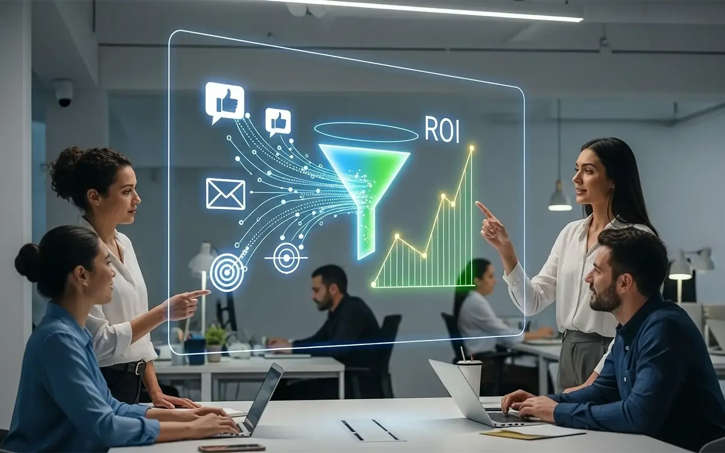 Ein Marketing-Team analysiert auf einer grafischen Oberfläche einen Sales Funnel und den steigenden ROI der Marketingkanäle.