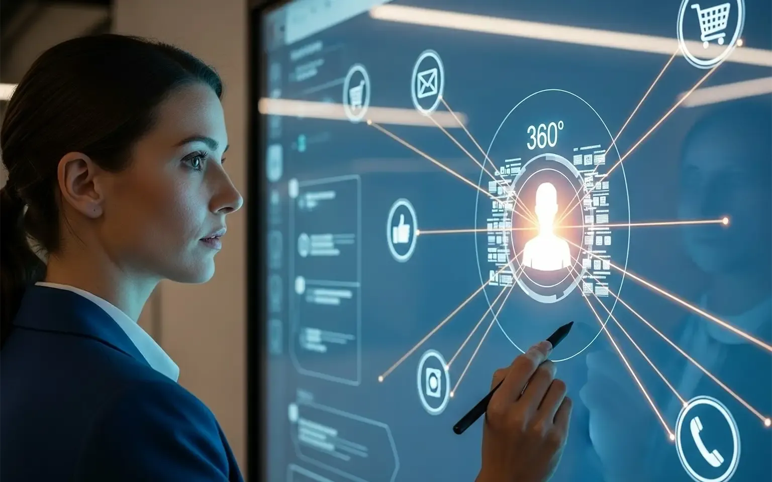 Eine Marketing-Analystin interagiert mit einer 360-Grad-Kundensicht, die von BigQuery ermöglicht wird. Die Visualisierung zeigt, wie Daten von diversen Kundenkontaktpunkten wie E-Mails, Social Media und Käufen zu einem einheitlichen Kundenprofil zusammengefügt werden.