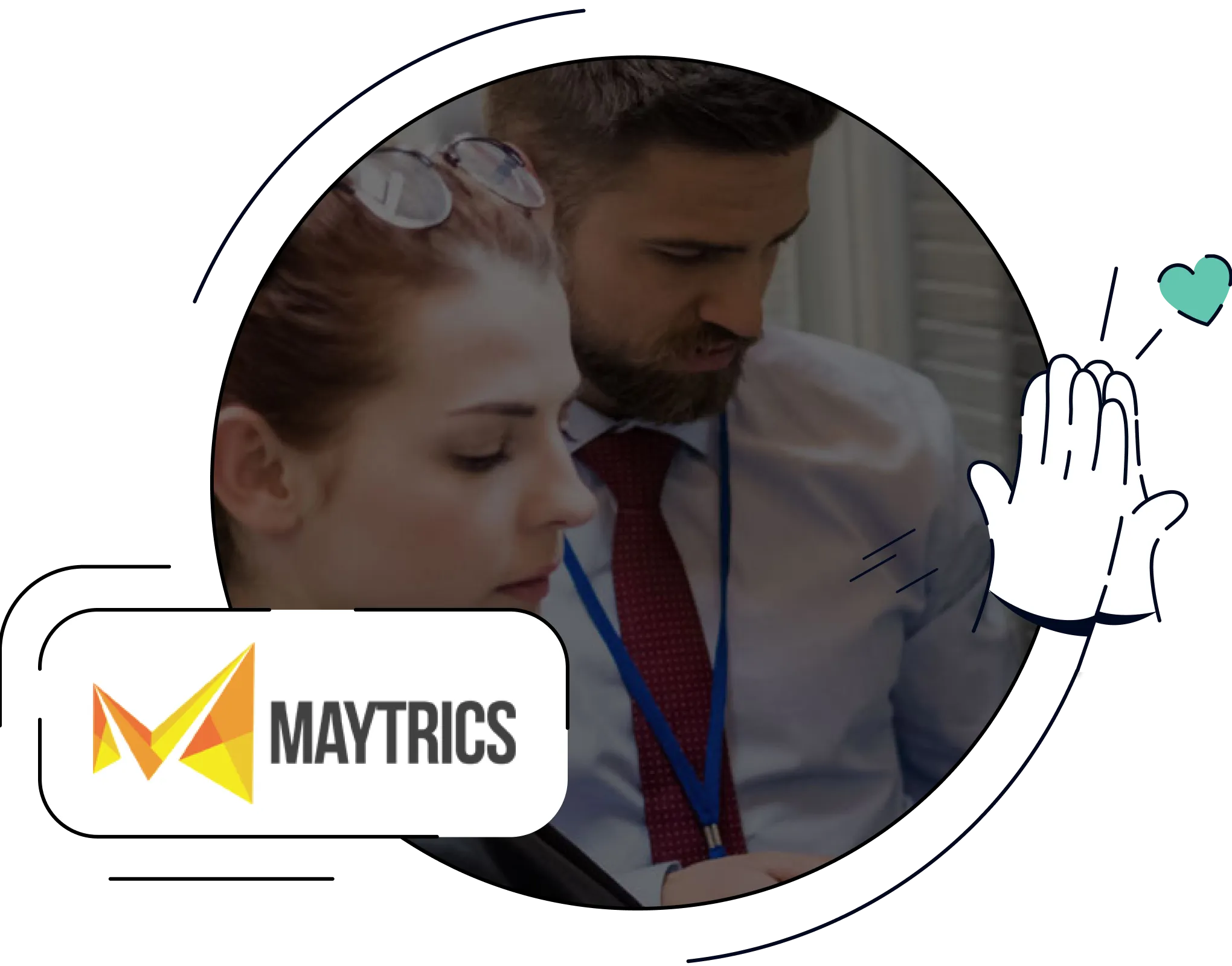 Kombination aus dem Maytrics-Logo und einer Frau und einem Mann im Gespräch.