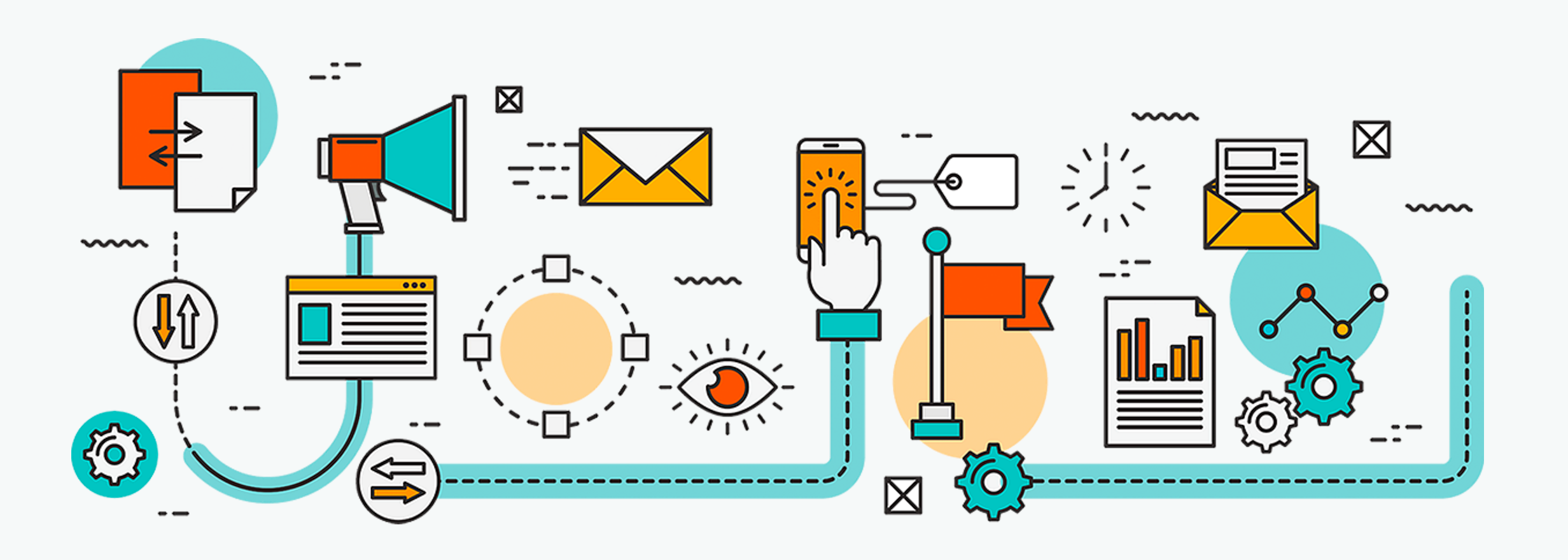 Eine schematische Illustration, die verschiedene Elemente des Online-Marketings wie E-Mail, mobile Interaktion, Analyse-Diagramme und Werbung durch eine durchgehende Linie miteinander verbindet.