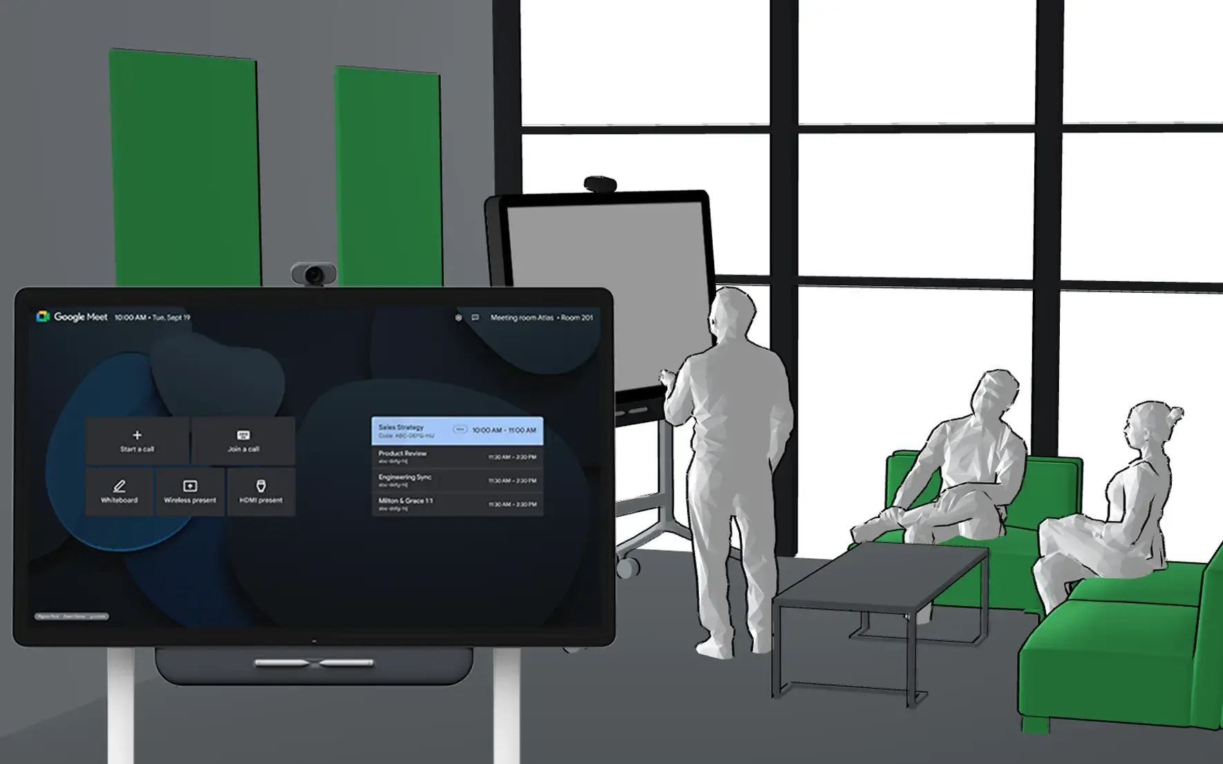 Das All-in-one-Gerät Series One Board 65 von Google Meet, aufgestellt in einem kleinen, kreativen Besprechungsraum ("Huddle Room"). Im Hintergrund ist ein Team illustriert, das sich auf ein Meeting vorbereitet, während das Board im Vordergrund die Meeting-Agenda anzeigt.