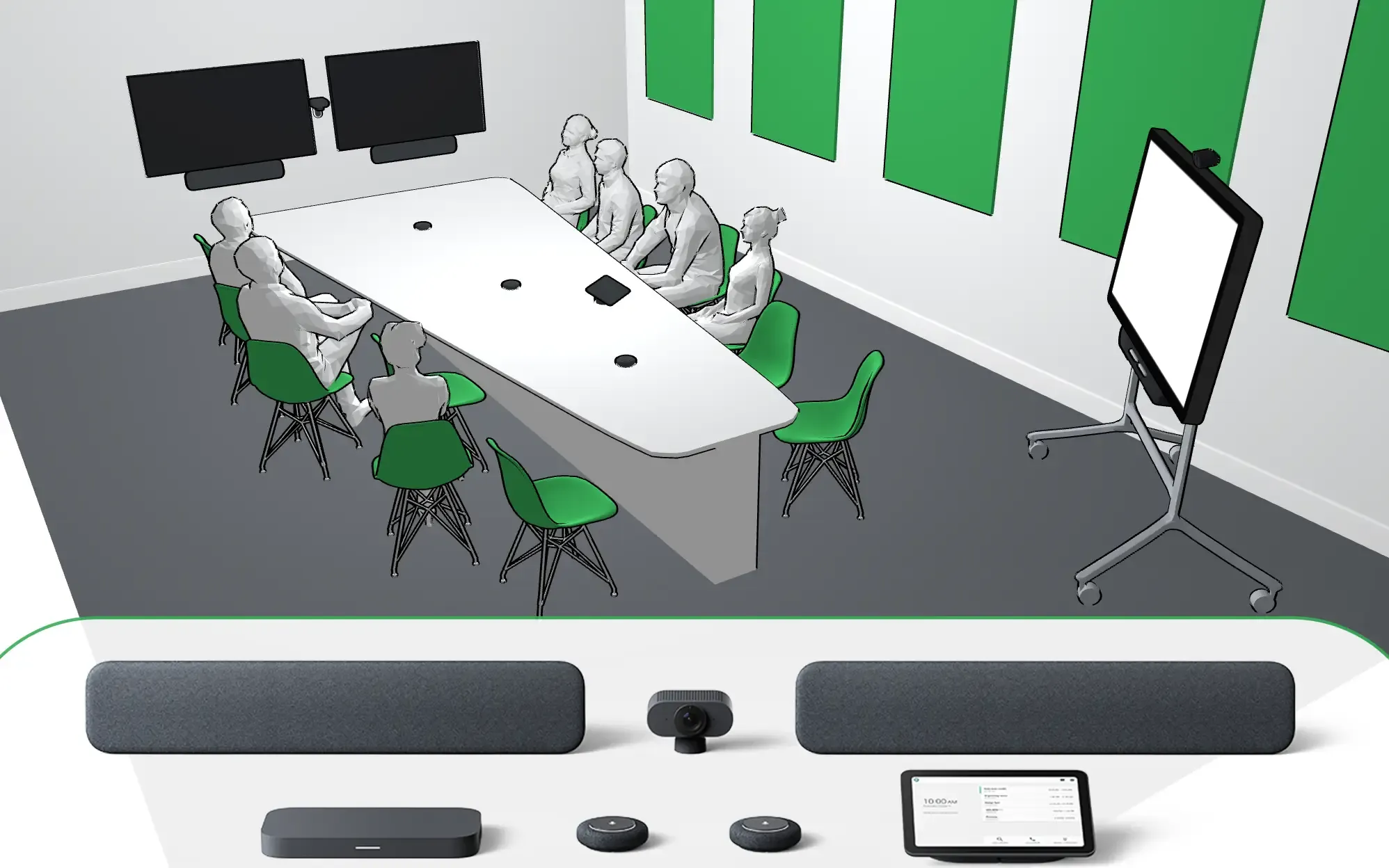 Eine skalierbare Google Meet Hardware-Lösung für große Konferenzräume. Im Vordergrund ein erweitertes Set mit zwei Soundbars und zwei Mikrofonen. Im Hintergrund eine Illustration, wie dieses System in einem großen Boardroom mit einem Dual-Screen-Setup und vielen Teilnehmern eingesetzt wird.