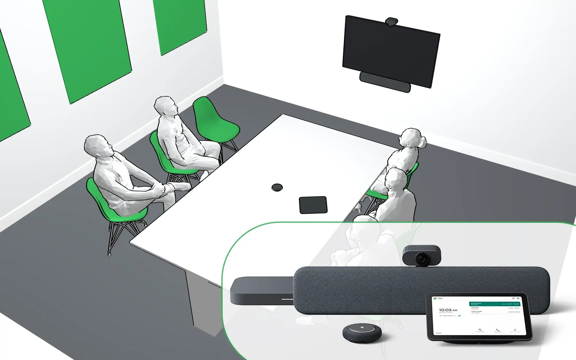 Das modulare Series One Meet Kit für Google Meet, bestehend aus Soundbar, Kamera, Mikrofon und Touch-Controller. Im Hintergrund wird die Anwendung des Kits in einem illustrierten, mittelgroßen Konferenzraum mit einem Team am Tisch gezeigt.