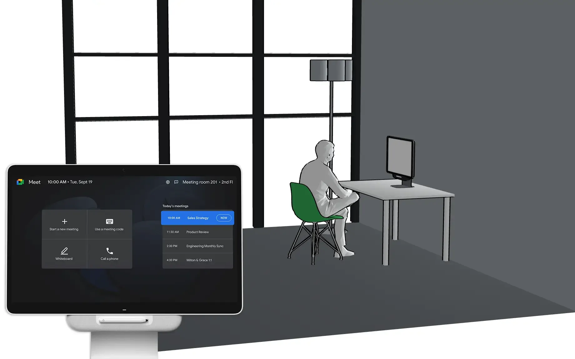 Das Google Meet Hardware-Gerät Series One Desk 27 im Vordergrund, das die Startoberfläche mit anstehenden Meetings anzeigt. Im Hintergrund eine stilisierte Illustration einer Person, die an einem Schreibtisch in kleinen Raum vor dem Gerät sitzt.