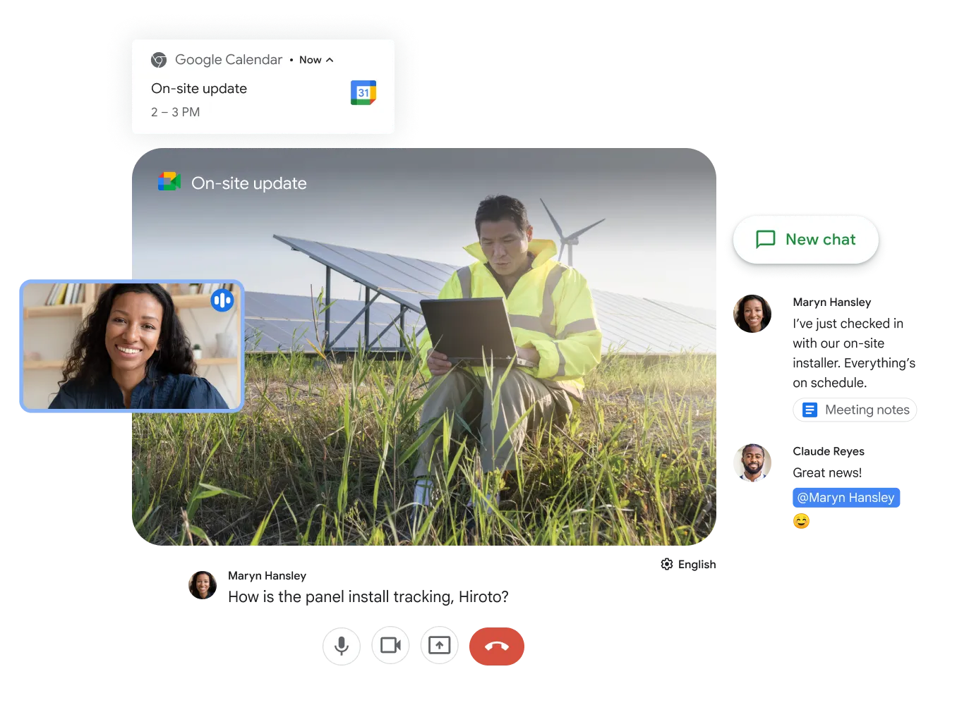 Ein Techniker gibt per Google Meet Videoanruf von einem Feld mit Solaranlagen ein Projekt-Update, während das Team im Büro über den integrierten Chat Notizen austauscht.