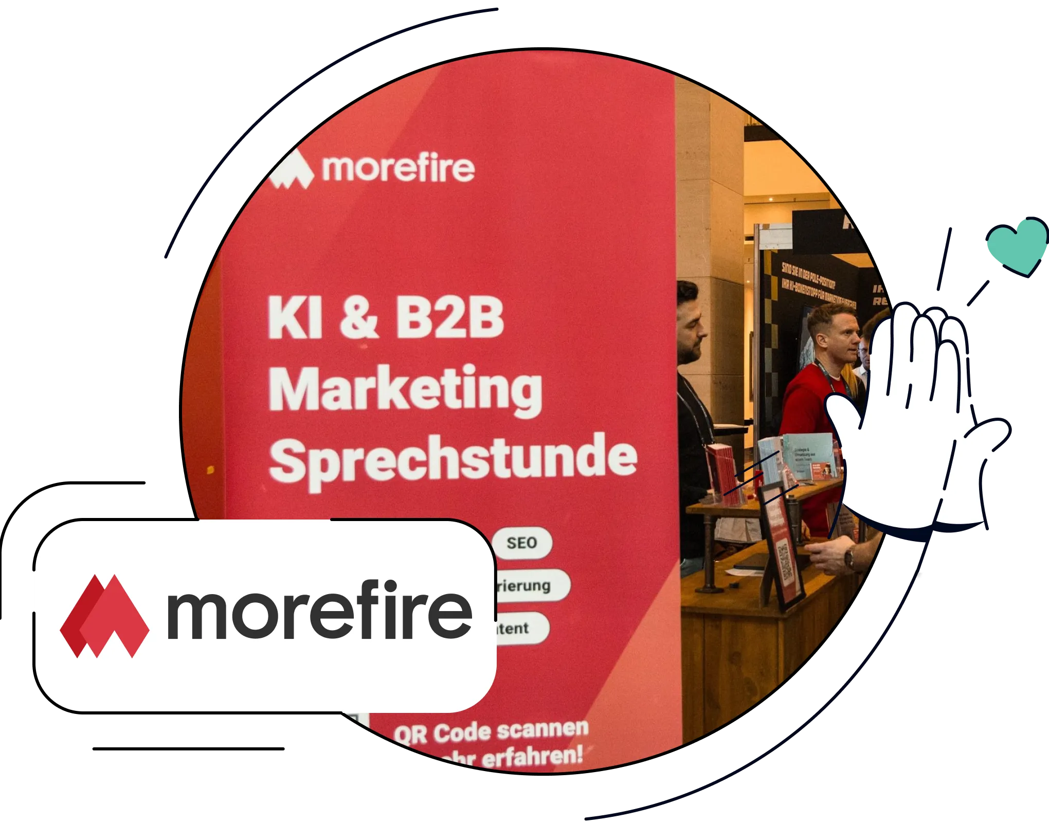 Kombination aus dem morefire Logo und einem Foto des morefire-Messestands zur KI & B2B Marketing Sprechstunde.