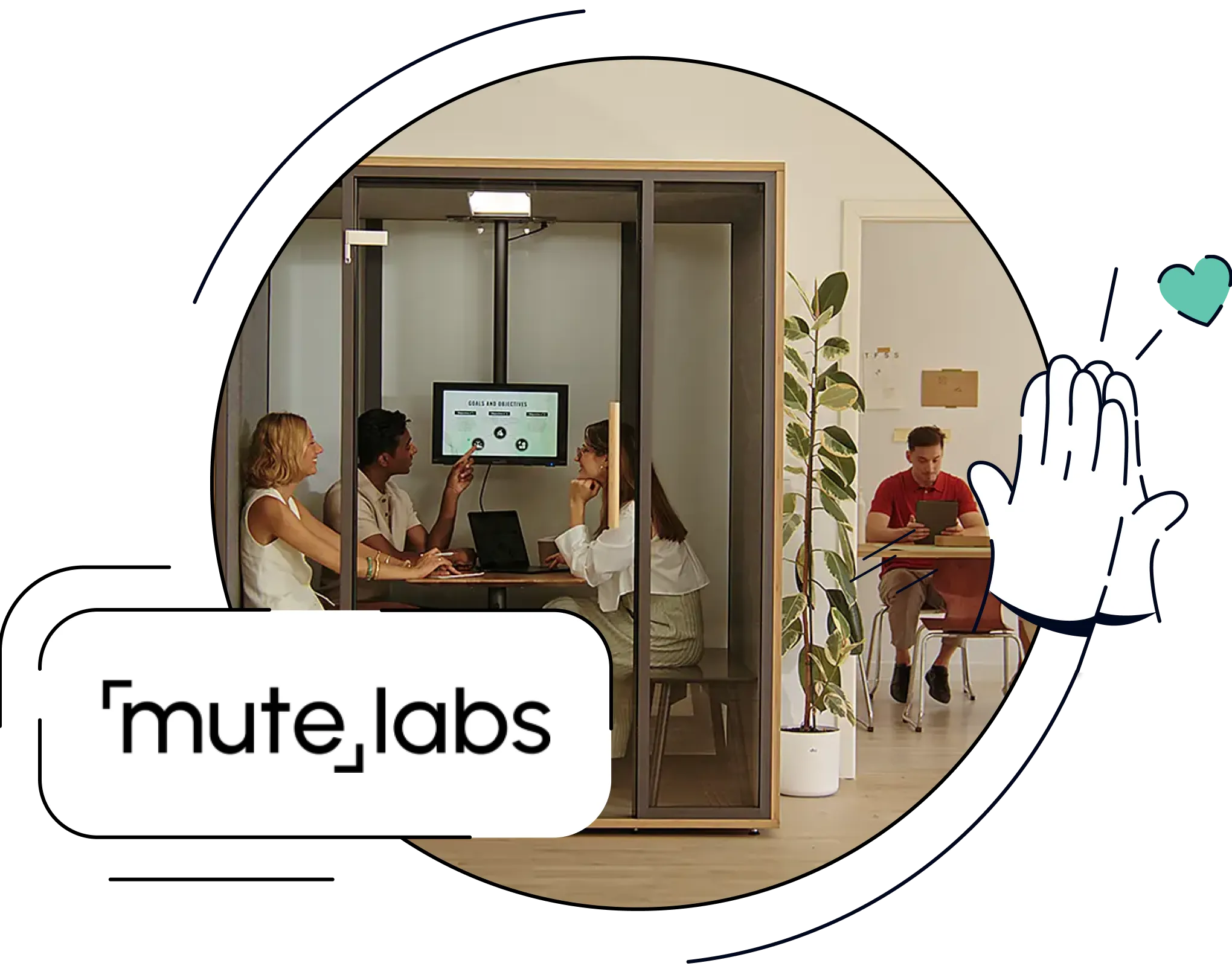 Kombination aus dem mute-labs-Logo und drei Mitarbeitenden in einer Telefon-Meetingbox.