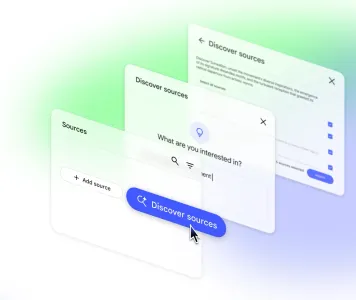Der Arbeitsschritt zum Finden und Hinzufügen von Quellen in NotebookLM, dargestellt in drei überlappenden Fenstern. Der Prozess beginnt mit dem Klick auf "Discover sources", führt zu einer thematischen Suche und endet mit der Auswahl und dem Import der gefundenen Quellen.