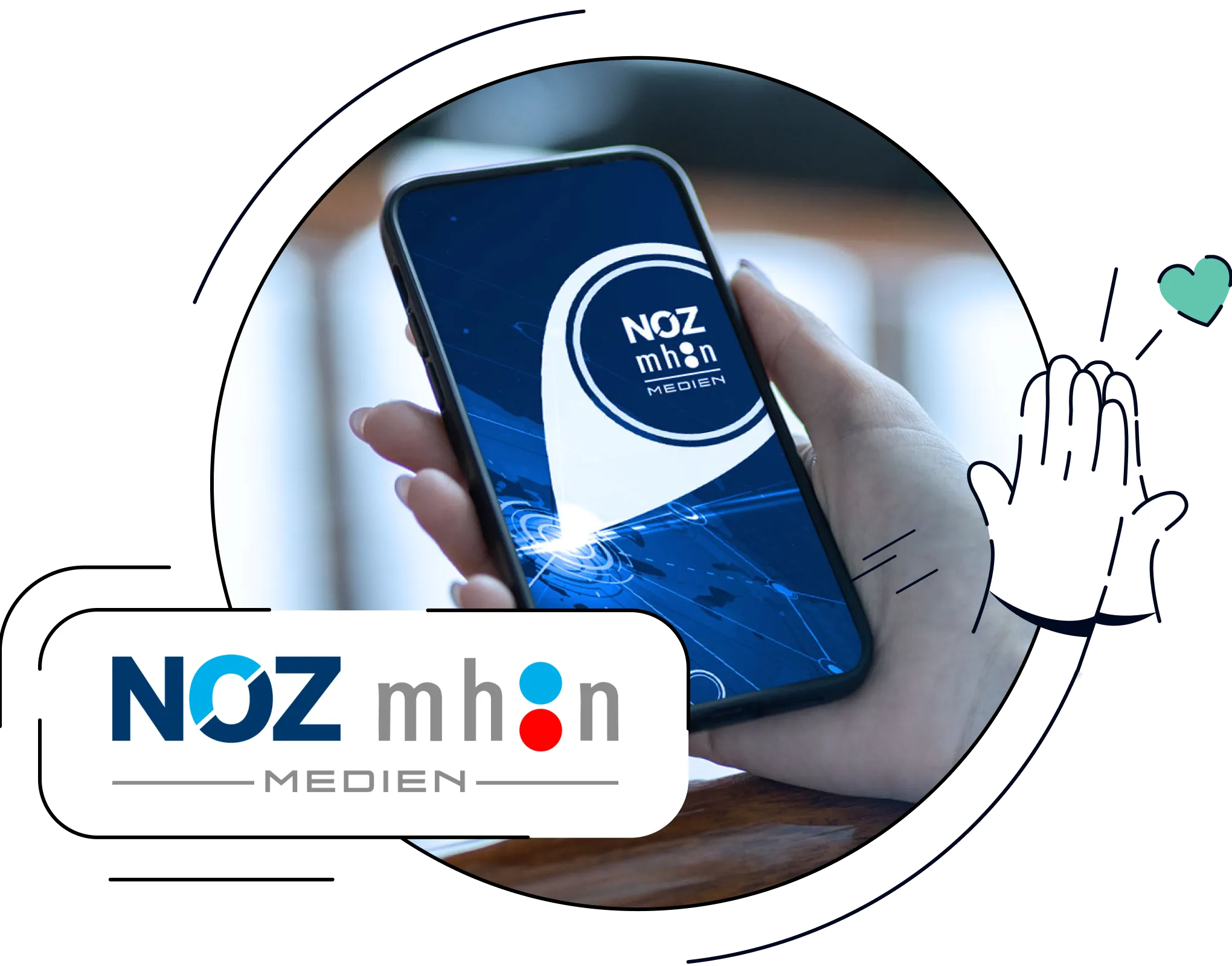 Kombination aus dem NOZ/mh:n-MEDIEN-Logo und einer Hand, die ein Smartphone mit stilisierten News-Inhalten und Logo hält.