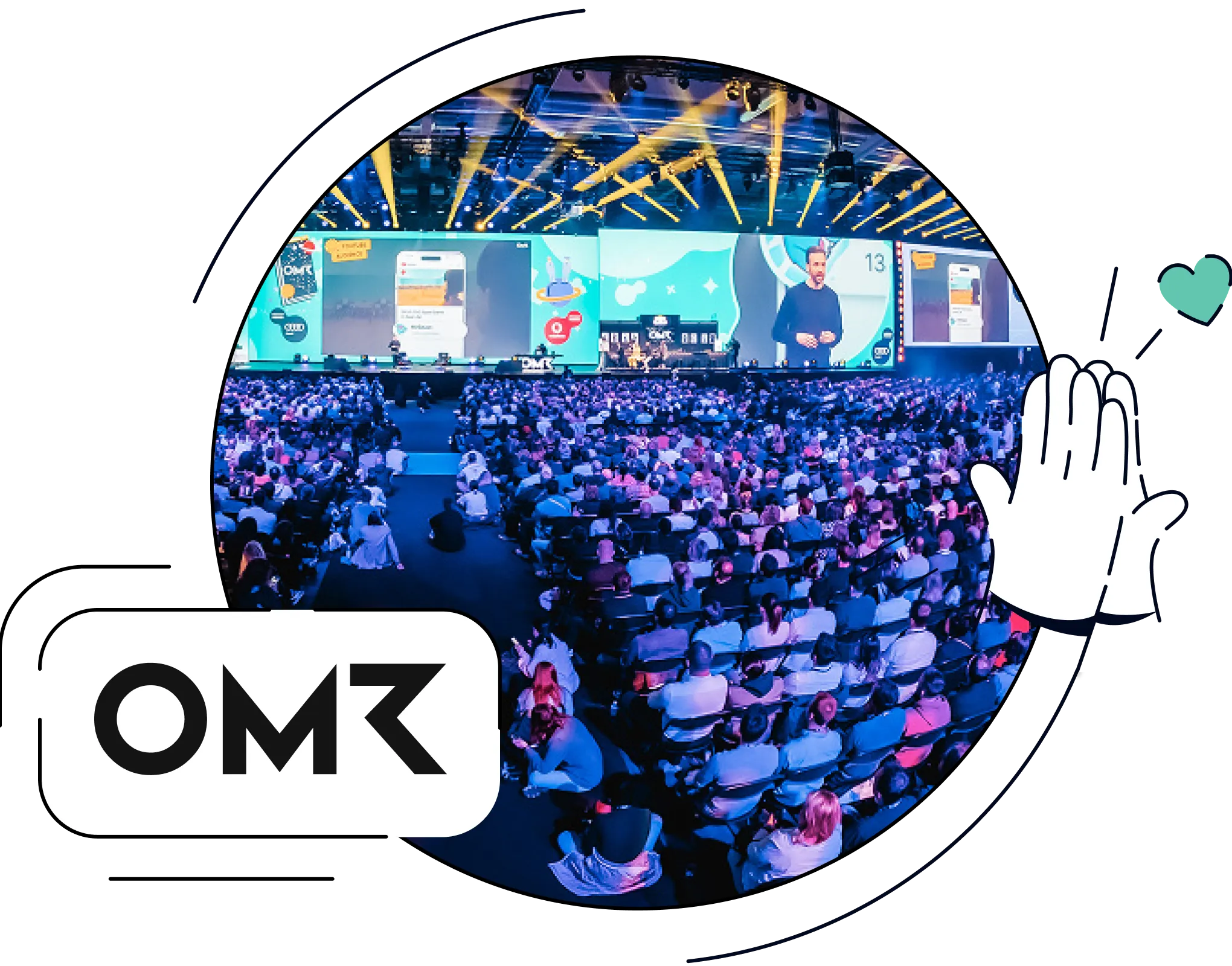 Kombination aus dem OMR-Logo und einem Foto vom OMR-Festival mit Publikum und Bühne.