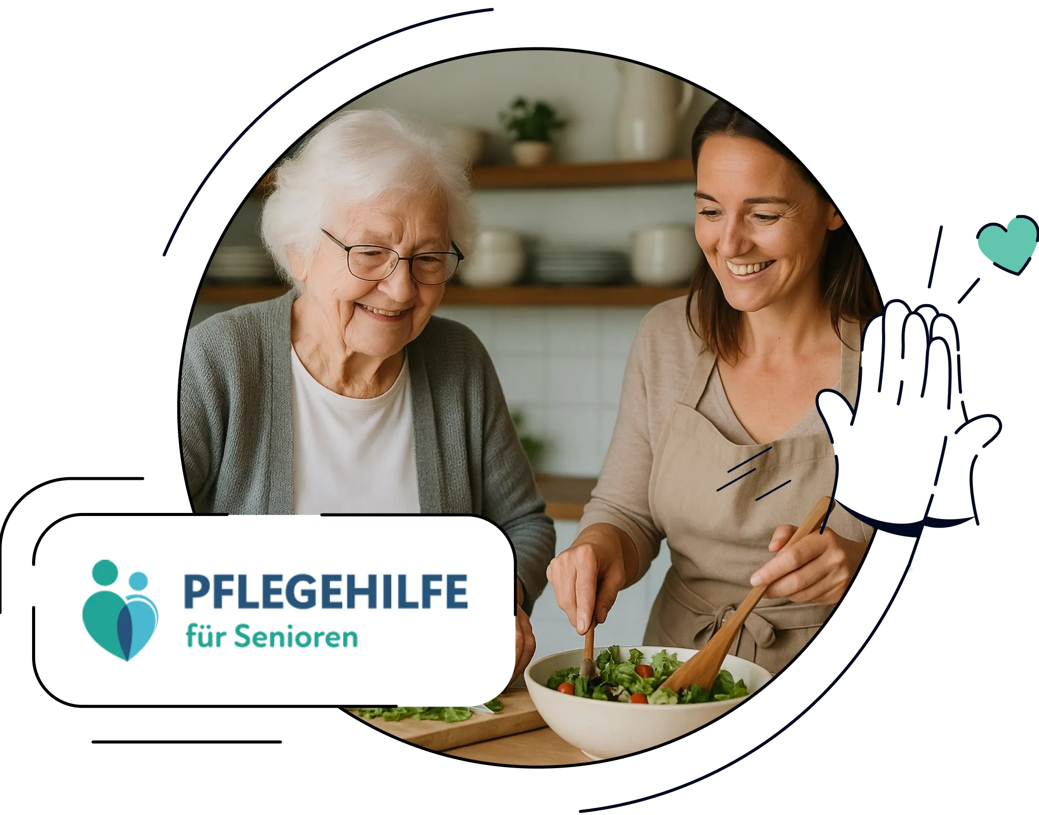 Kombination aus dem Pflegehilfe-Logo und einer freundlichen Pflegerin, die mit einer Seniorin gemeinsam Essen zubereitet.