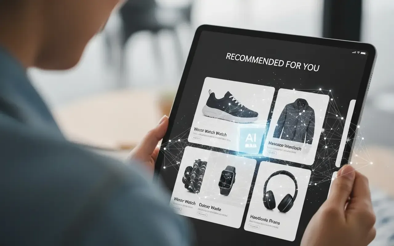 Eine Person hält ein Tablet, das unter der Überschrift "Recommended for you" personalisierte Produktempfehlungen anzeigt, die durch ein leuchtendes KI-Symbol als KI-gestützt gekennzeichnet sind.