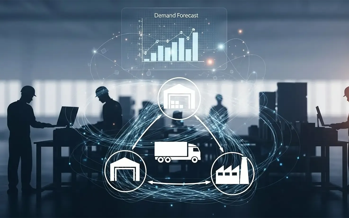 Visualisierung der Lieferkettenoptimierung durch eine datengestützte Bedarfsprognose, die Produktion, Logistik und Lagerhaltung vernetzt.