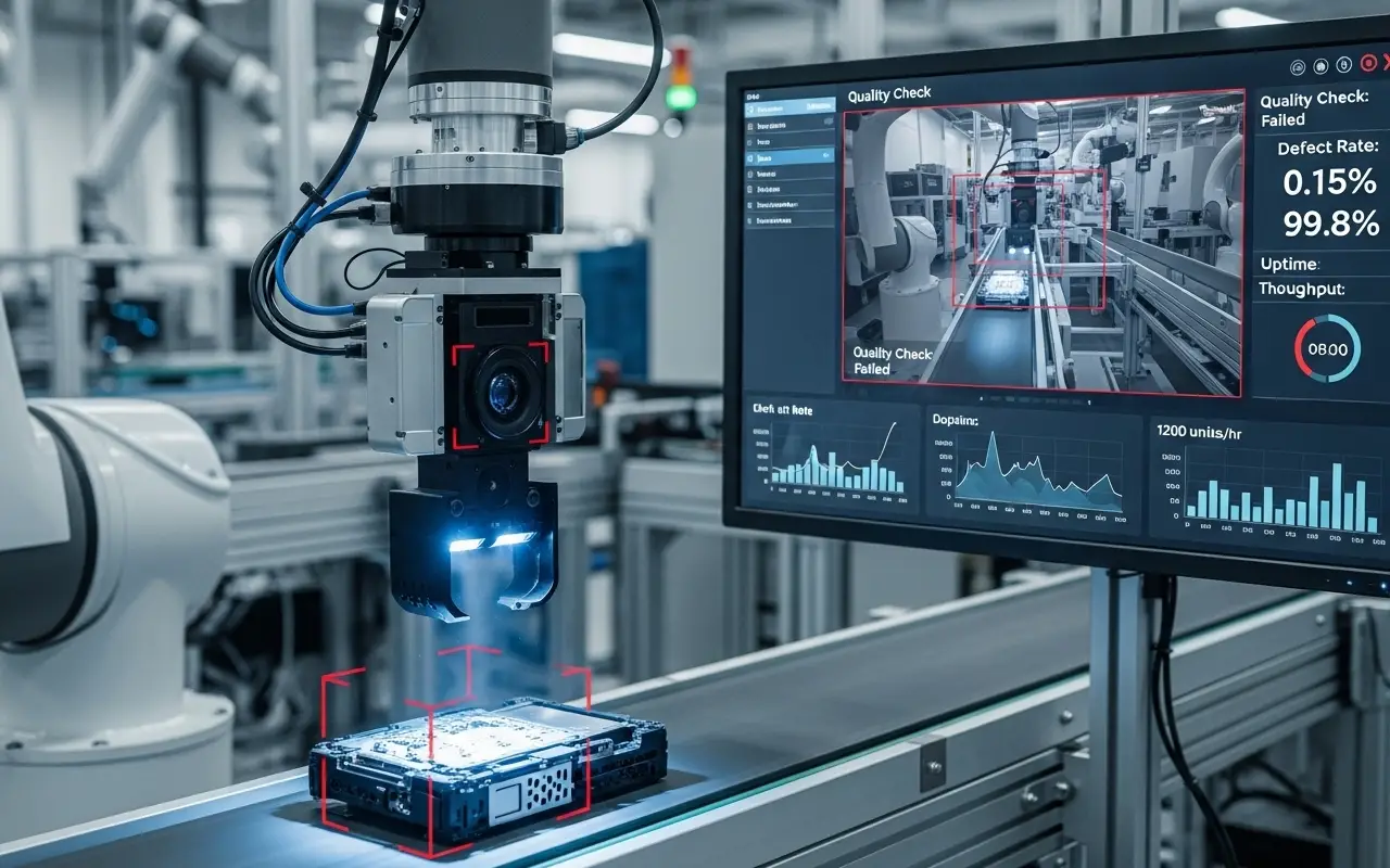 Ein Roboterarm mit Kamera führt eine automatisierte Qualitätskontrolle an einem Bauteil auf einem Förderband durch. Der Kontrollbildschirm daneben zeigt Echtzeitdaten wie eine Fehlerquote von 0,15% und eine Betriebszeit von 99,8%.
