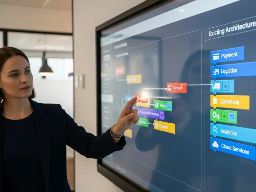 Eine Systemarchitektin präsentiert auf einem Touchscreen die technische Infrastruktur einer E-Commerce-Plattform. Sie zeigt auf ein Flowchart, das die Integration von Zahlungsdiensten in die bestehende Systemarchitektur aus Logistik und Operations darstellt.