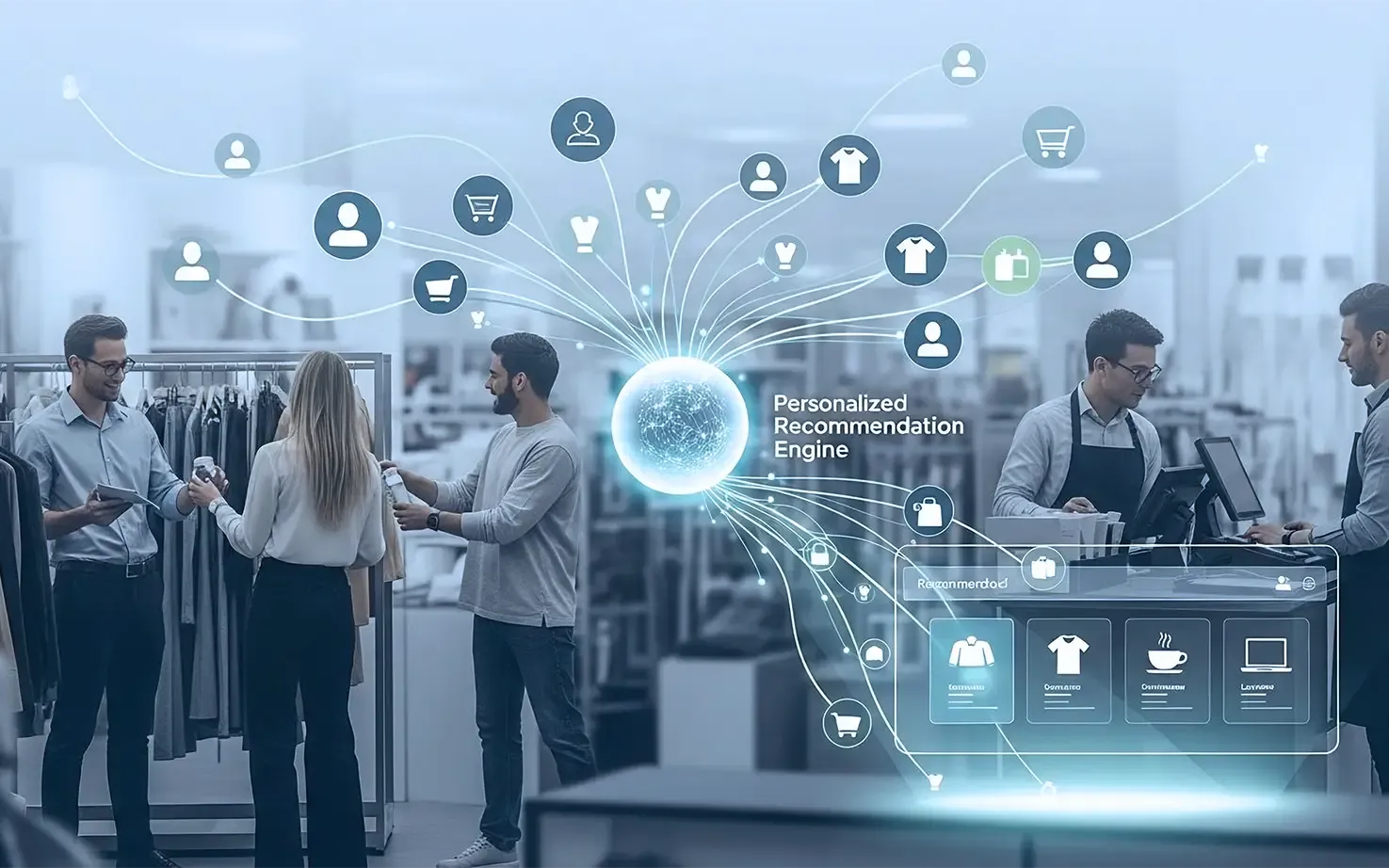 Illustration einer Personalized Recommendation Engine im Einzelhandel, die Kundendaten nutzt, um personalisierte Produktempfehlungen zu generieren.