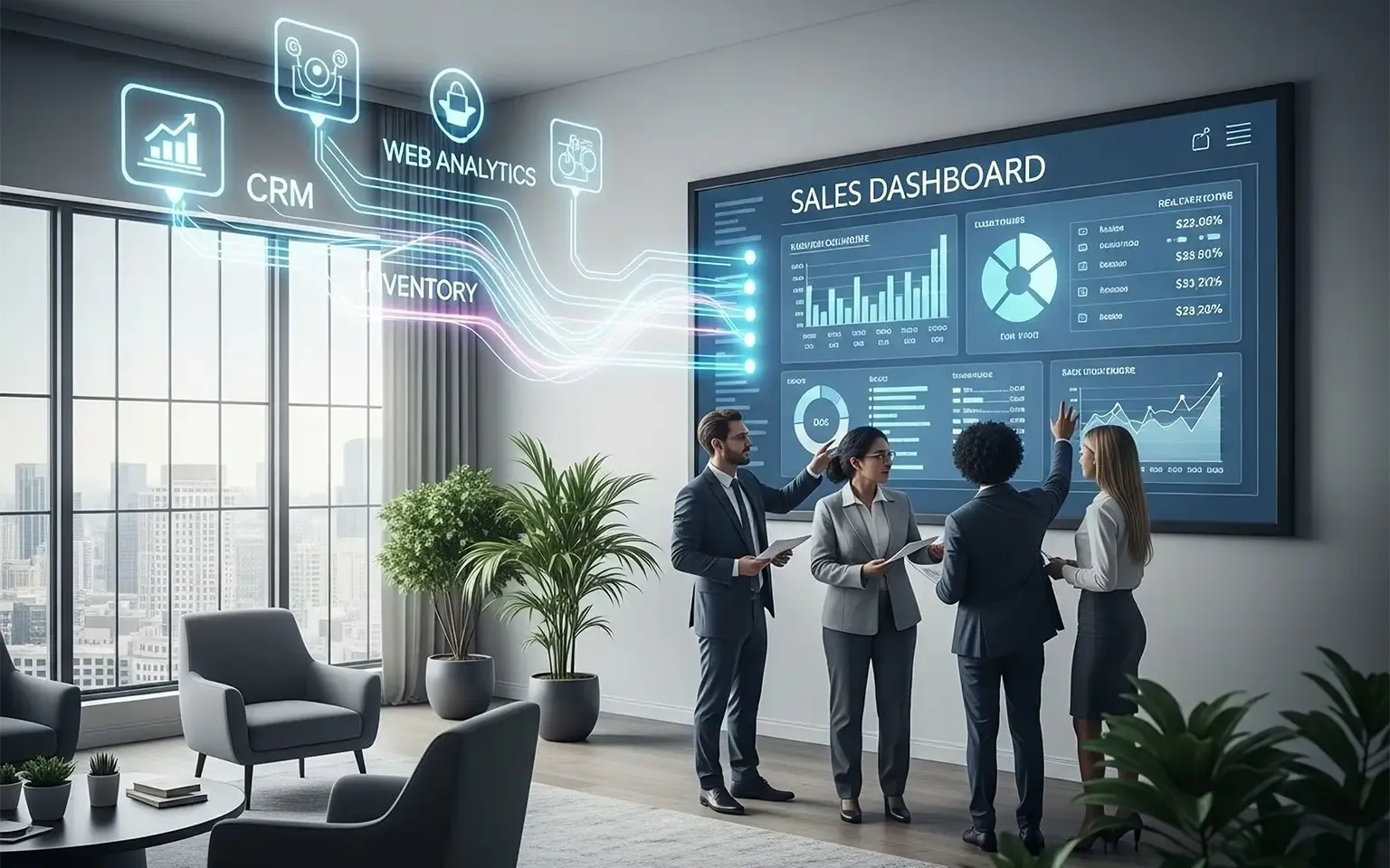 Ein Team analysiert ein Sales Dashboard, das von BigQuery gespeist wird. Eine Visualisierung zeigt, wie Daten aus diversen Quellen wie CRM, Web Analytics und Warenbestand zusammengeführt und in einem zentralen Dashboard für umfassende Einblicke dargestellt werden.