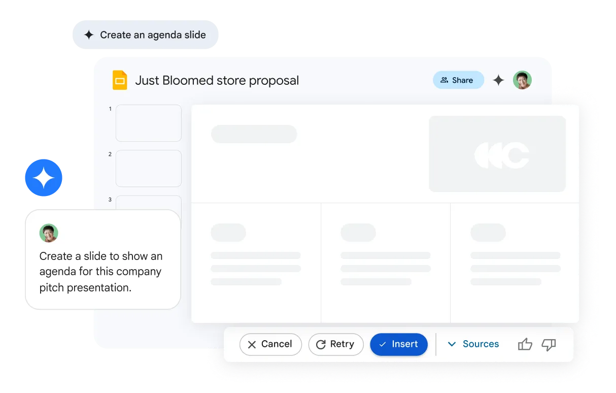 Ein Nutzer lässt von der künstlichen Intelligenz Gemini in Google Slides eine Agenda-Folie erstellen. Der generierte Vorschlag kann direkt über einen Einfügen-Button in die Präsentation übernommen werden.