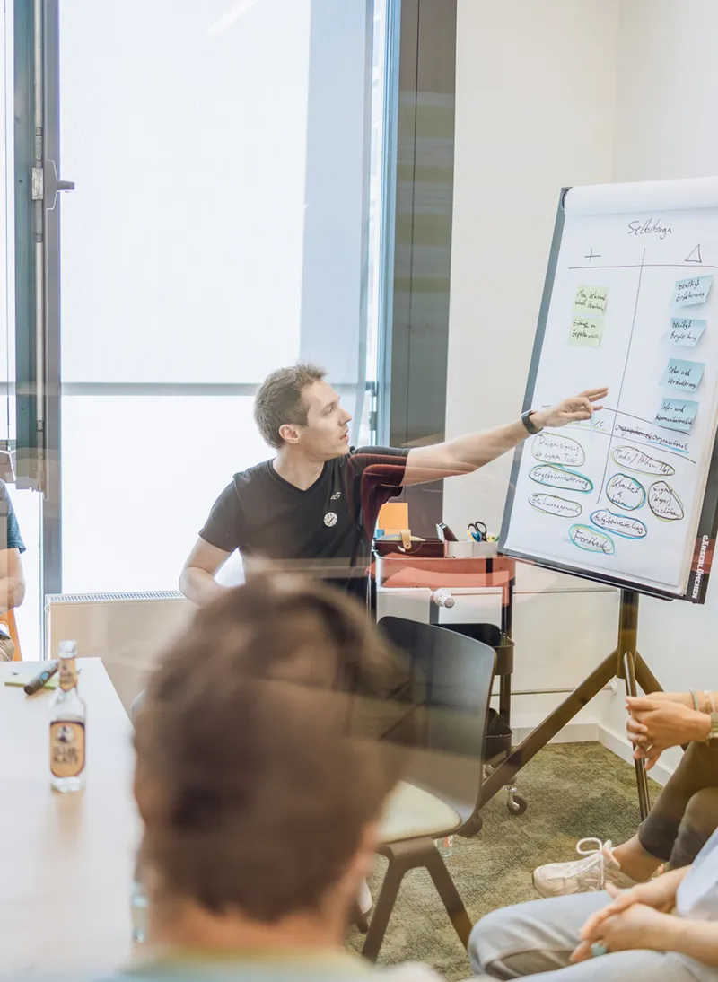 A group of people in a meeting room, with one person pointing at a flipchart displaying various notes and diagrams. The room has a large window and a table with bottles of water.