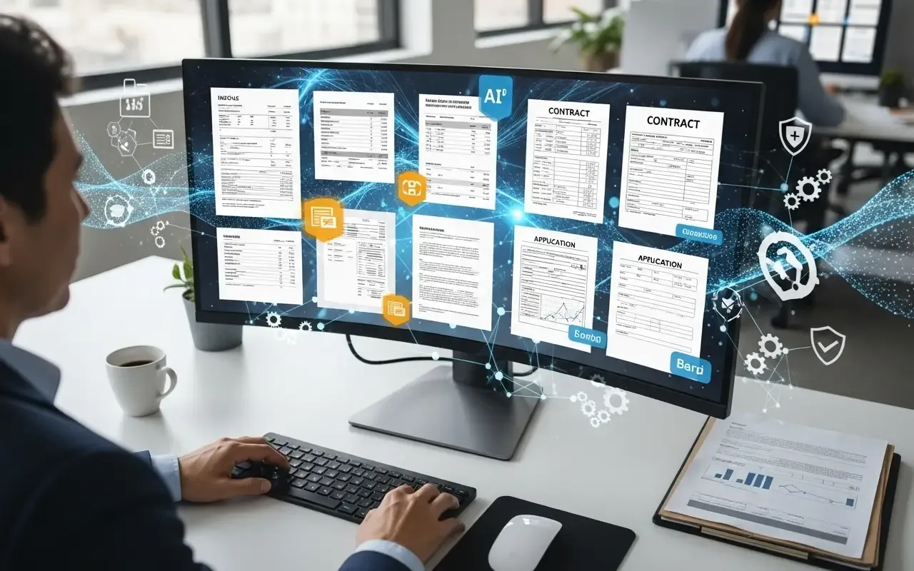 Ein Anwender arbeitet an einer KI-gestützten Benutzeroberfläche, die verschiedene digitale Geschäftsdokumente wie Rechnungen und Verträge in einer interaktiven Ansicht intelligent organisiert und verarbeitet.