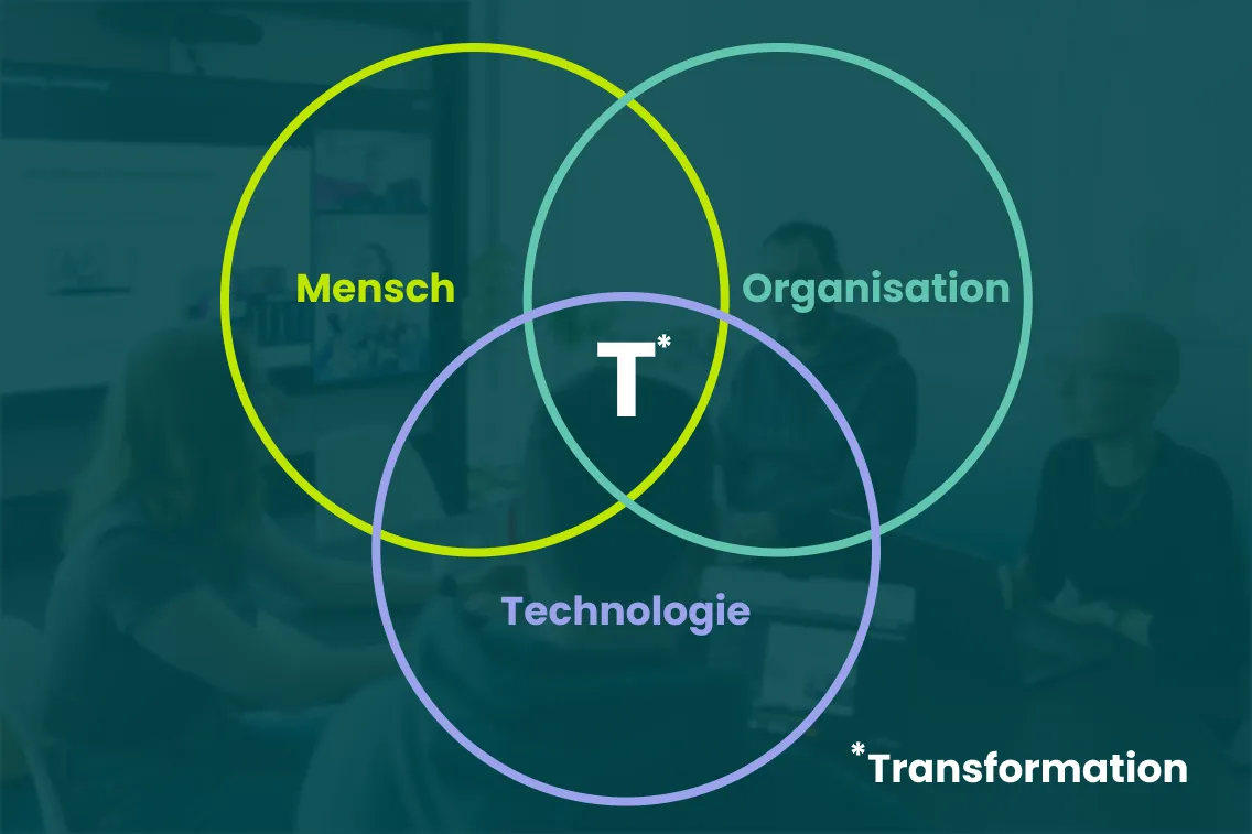 Infografik zum Dreiklang der Transformation: Ein Venn-Diagramm mit drei Kreisen verdeutlicht, dass erfolgreiche Transformation in der Schnittmenge der drei Säulen Mensch, Organisation und Technologie entsteht.