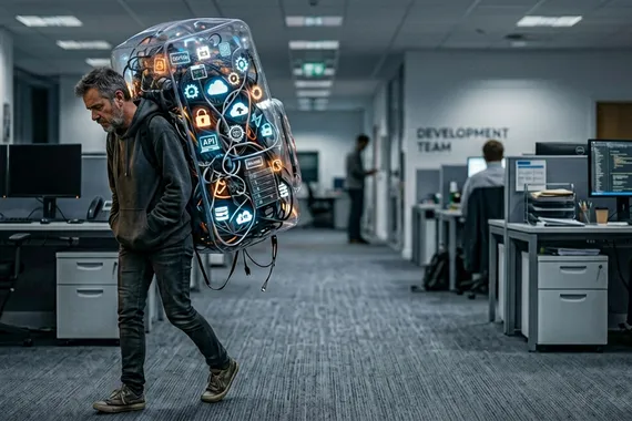 Person mit transparentem Rucksack voller Server, Kabel und Lizenz-Symbole. Visuelles Symbol für versteckte IT-Kosten im Mittelstand.