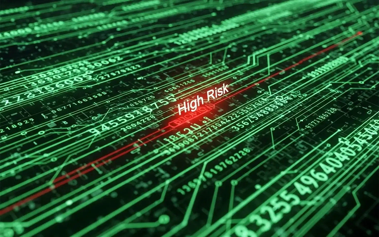 Eine symbolische Darstellung der Betrugserkennung mit Vertex AI: In einem riesigen Strom von grünen, legitimen Datensätzen hat das KI-System eine einzelne Transaktion als hochriskant ("High Risk") identifiziert und rot hervorgehoben.