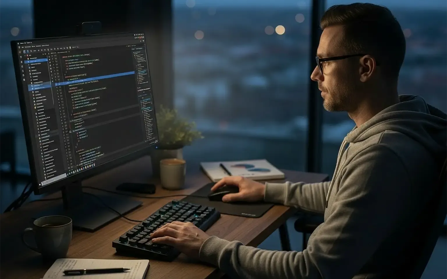 Ein Anwendungsfall für KI-gestützte Code-Unterstützung mit Vertex AI: Ein Softwareentwickler sitzt an seinem Schreibtisch und erhält in seinem Code-Editor in Echtzeit Vorschläge und Ergänzungen von der KI, um seine Arbeit zu beschleunigen.