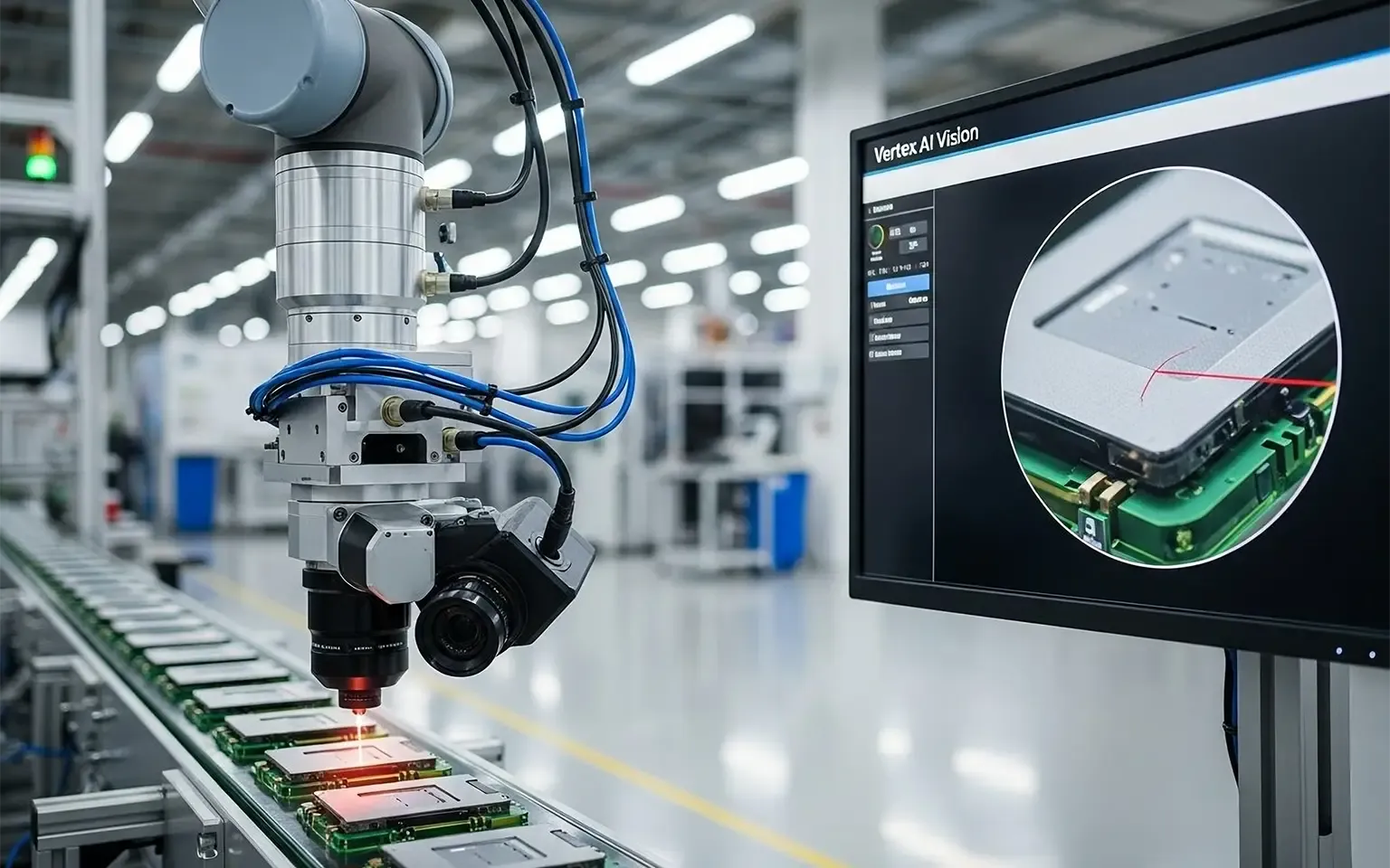 Ein Anwendungsfall für Computer Vision mit Vertex AI in der Qualitätskontrolle: Ein Roboterarm mit Kamera inspiziert eine Leiterplatte auf einem Fließband. Auf dem Kontrollmonitor wird in Echtzeit angezeigt, wie das KI-System das Bauteil auf kleinste Fehler überprüft.