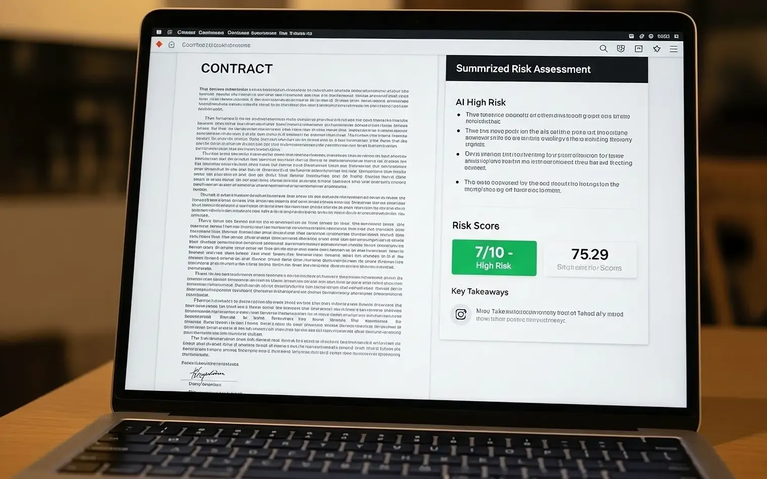Ein Anwendungsfall für die Dokumentenanalyse mit Vertex AI: Auf der linken Seite eines Laptop-Bildschirms ist ein langer Vertrag zu sehen. Auf der rechten Seite hat die KI den Vertrag automatisch analysiert und eine zusammengefasste Risikobewertung mit den wichtigsten Kritikpunkten und einem "High Risk"-Score von 7 von 10 erstellt.