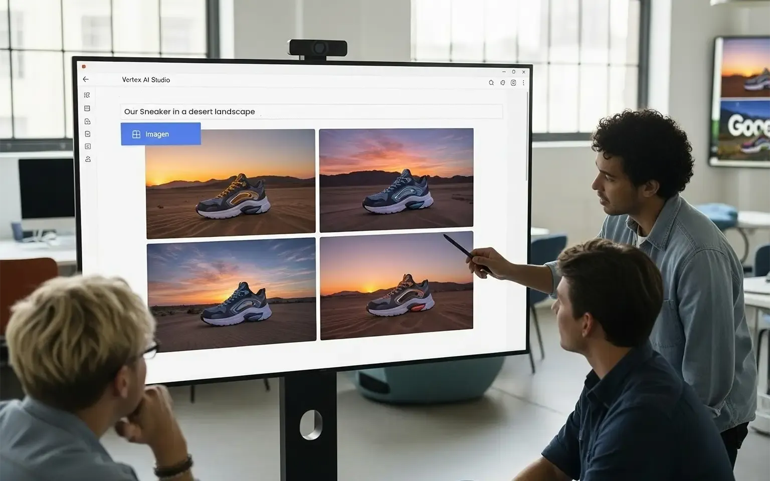 Ein Kreativteam nutzt die generative KI von Vertex AI zur Bilderstellung. Auf dem Bildschirm ist zu sehen, wie das System basierend auf dem einfachen Text-Prompt "Our Sneaker in a desert landscape" vier verschiedene, fotorealistische Produktbilder eines Turnschuhs in einer Wüstenlandschaft erzeugt hat.
