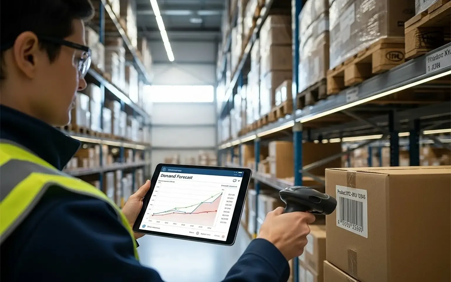 Ein Anwendungsfall für Predictive Analytics mit Vertex AI in der Logistik: Ein Lagermitarbeiter scannt einen Barcode und prüft auf seinem Tablet eine KI-gestützte Bedarfsprognose (Demand Forecast), um den Lagerbestand zu optimieren.