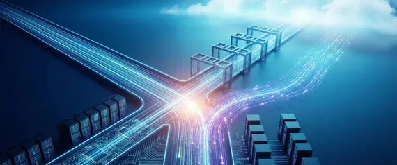 Futuristische Illustration – Leuchtende Datenströme fließen wie auf einer Autobahn von dunklen Server-Racks am Boden hinauf in eine strahlende Cloud am Himmel.