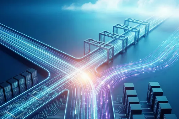 Futuristische Illustration – Leuchtende Datenströme fließen wie auf einer Autobahn von dunklen Server-Racks am Boden hinauf in eine strahlende Cloud am Himmel.