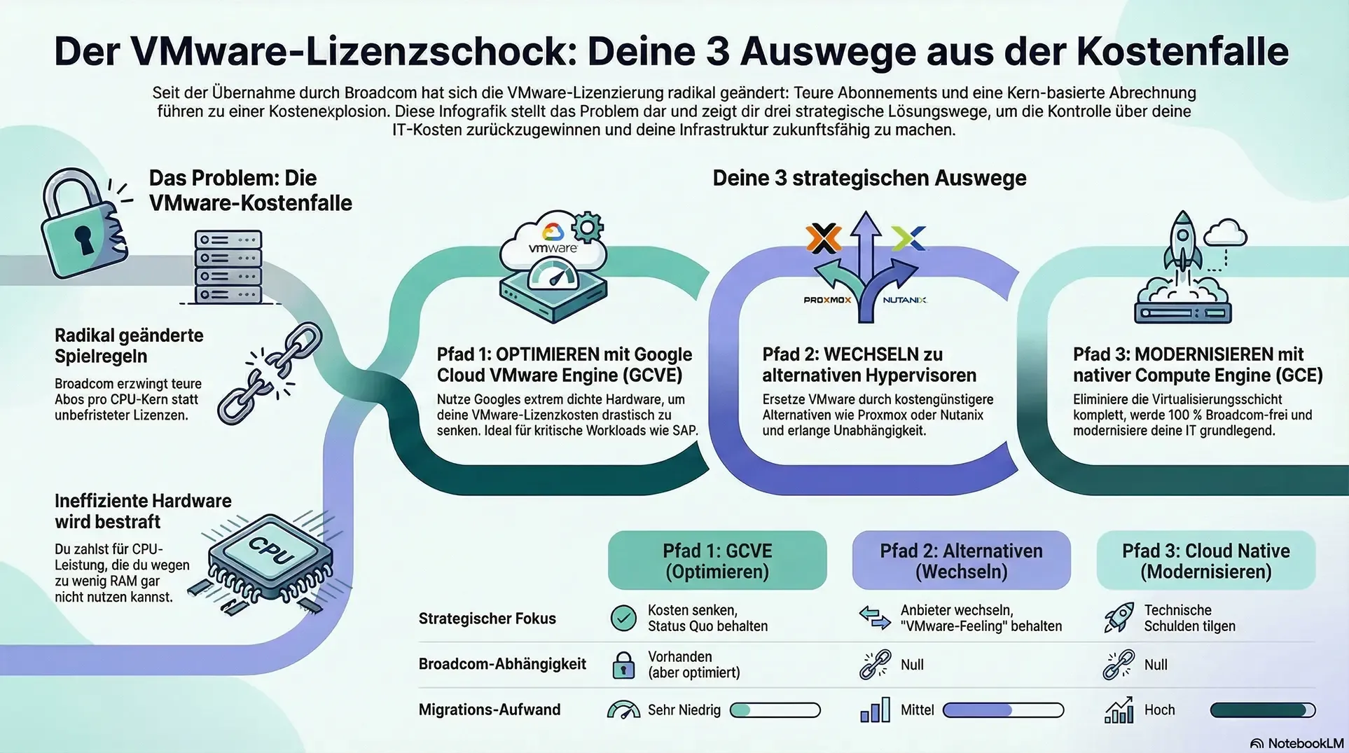 Infografik zum VMware-Lizenzschock und drei strategischen Auswegen aus der Kostenfalle nach der Broadcom-Übernahme. Visualisiert werden das Problem der Lizenzkosten sowie die Lösungen: 1. Optimieren mit Google Cloud VMware Engine (GCVE), 2. Wechseln zu Hypervisoren wie Proxmox oder Nutanix und 3. Modernisieren mit nativer Compute Engine (GCE), inklusive Vergleichstabelle zu Fokus, Abhängigkeit und Aufwand.